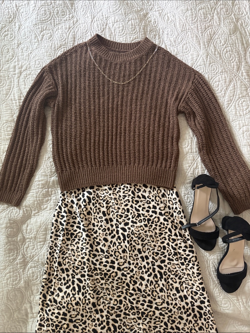 LOFT Brown Ribbed Crewneck Sweater and Leopard Print Silk Skirt Set